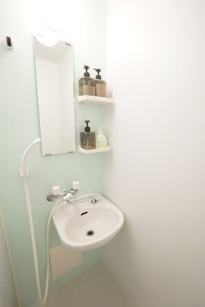 Appartement | Badkamer | Een douche, gratis toiletartikelen, een haardroger, handdoeken