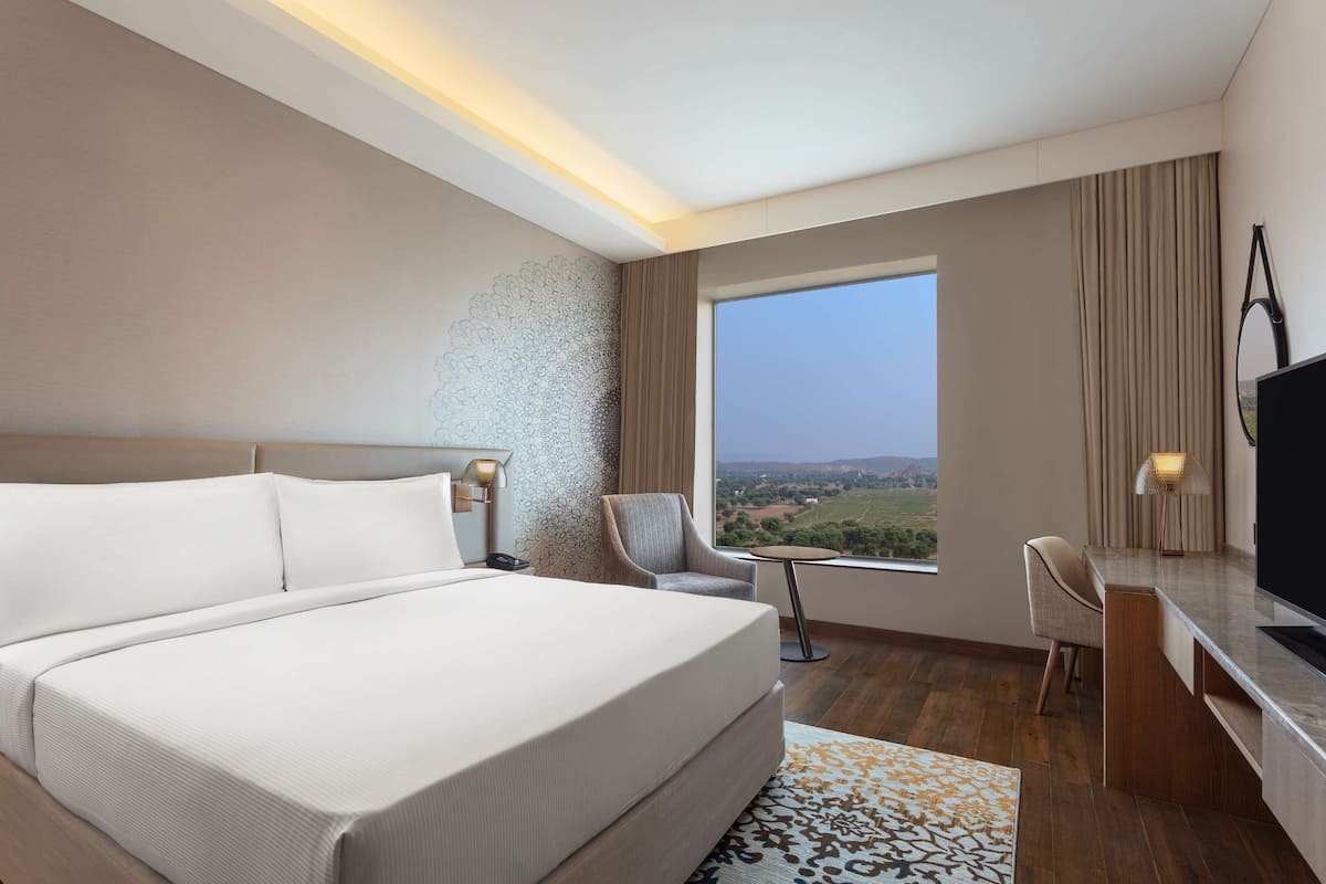 Habitación de hotel con una cama grande, un escritorio, una silla, un televisor y una ventana con vistas al campo.