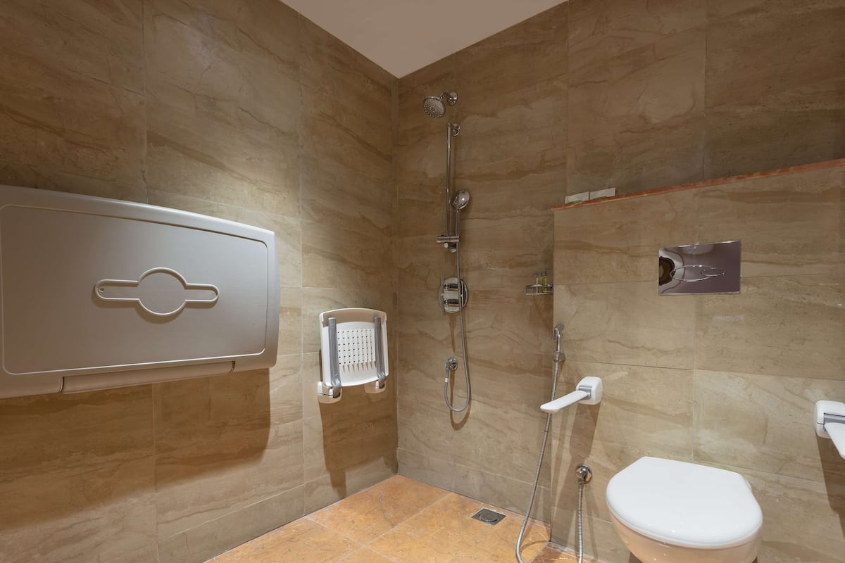 Baño con ducha, inodoro y toallero.