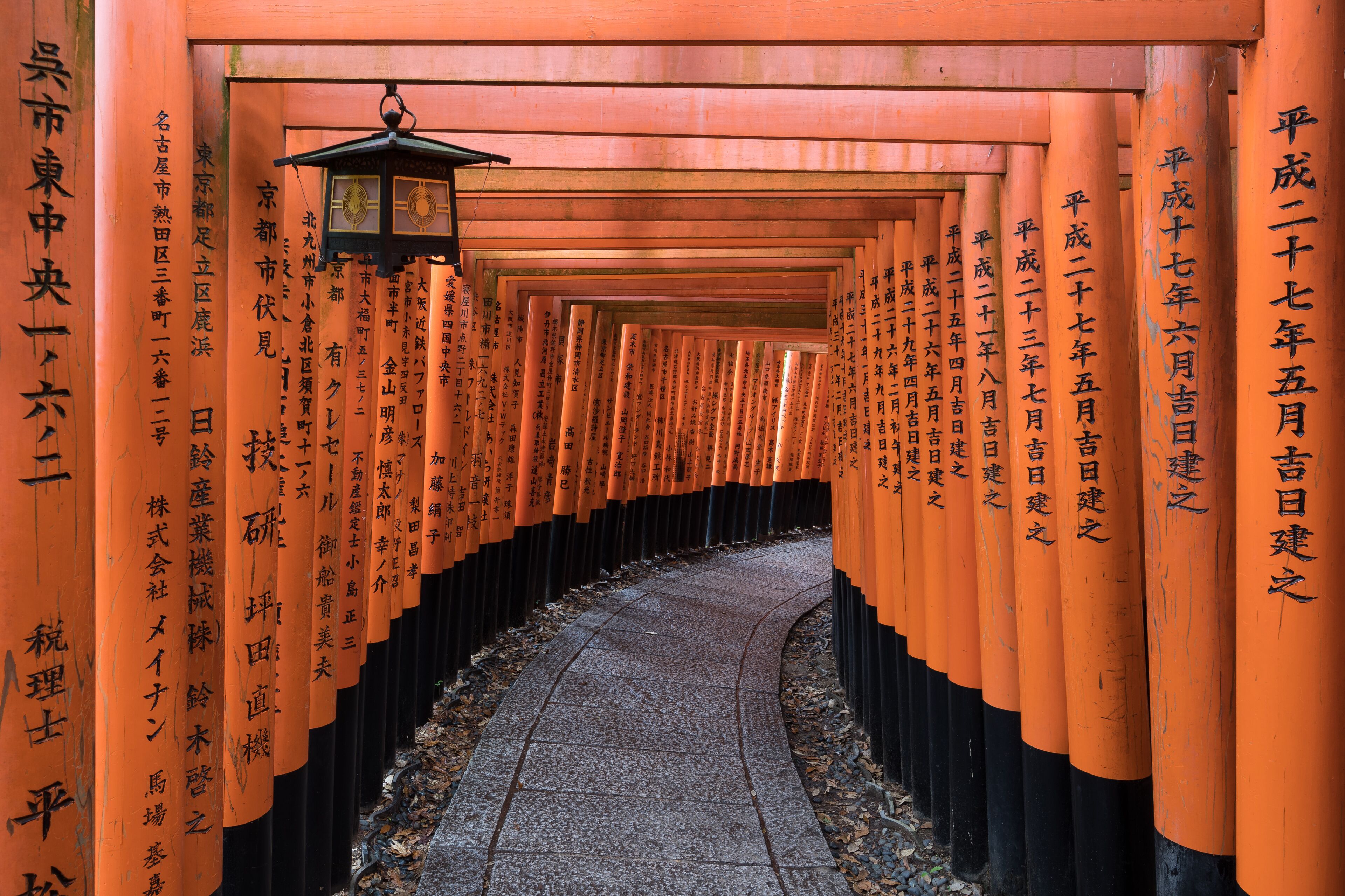 Un sentier bordé de piliers orange ornés d’inscriptions, qui mène à une lanterne japonaise traditionnelle.