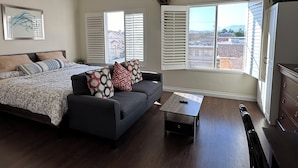 Ein Schlafzimmer mit einem Bett, einem Schlafsofa, einem Couchtisch und einer Kommode. Es gibt Fenster mit Jalousien, eine Deckenleuchte und eine Pflanze auf dem Fensterbrett.