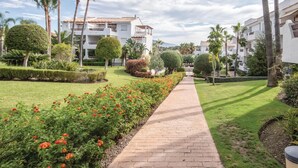 A pathway leading through a well-maintained garden with neatly trimmed hedges and flowering plants. - Awesome apartment in Estepona with WiFi (Estepona)