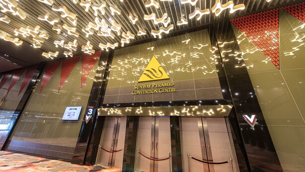 The Sunway Pyramid Convention Centre entrance with a modern design, including a distinctive logo and a digital information display. - Sunway Resort By Himmel (Petaling Jaya)