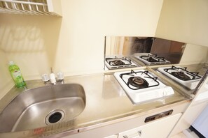 A kitchen with a stainless steel sink, two gas stoves, and a countertop. - Terry's Apartment Namba South I V06A (Osaka)