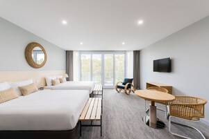 Premium bedding, pillowtop beds, desk, laptop workspace