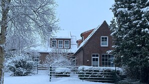 Ett snötäckt bostadsområde med ett hus byggt av tegel, en inhägnad trädgård och snötyngda träd.