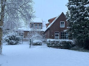 Una zona residenziale innevata con una casa in mattoni, un cortile recintato e alberi carichi di neve.