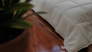 A bedroom with a wooden floor, a white bedspread, a potted plant, and a bedside table with a lamp. - Hug Khieng Khong Nongkhai Hostel (Nong Khai)