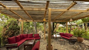 An outdoor patio area with wooden furniture, including sofas and tables, under a metal roof structure.