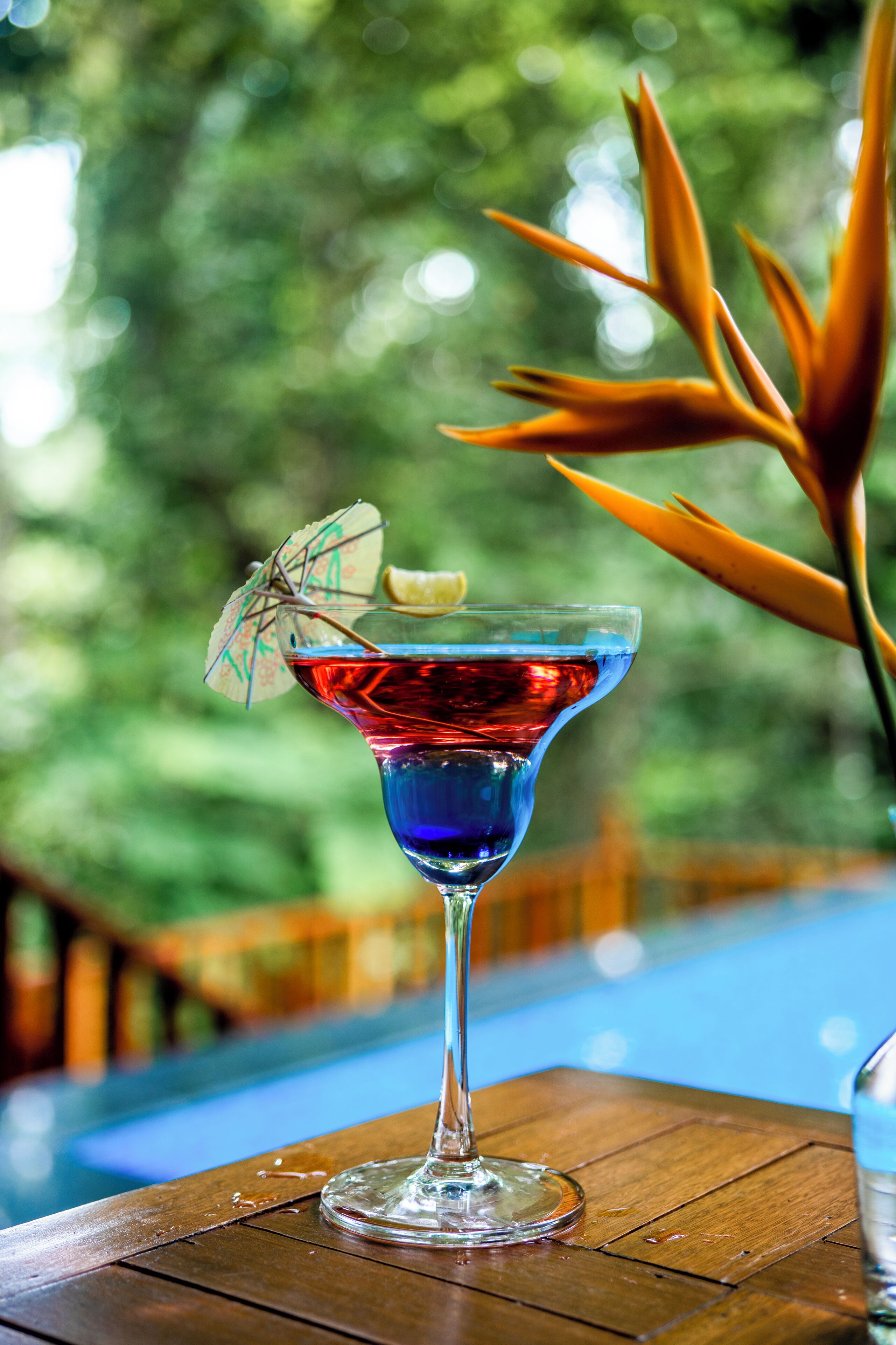 Un cóctel en una copa de martini con un paraguas decorativo sobre una mesa de madera cerca de una piscina.