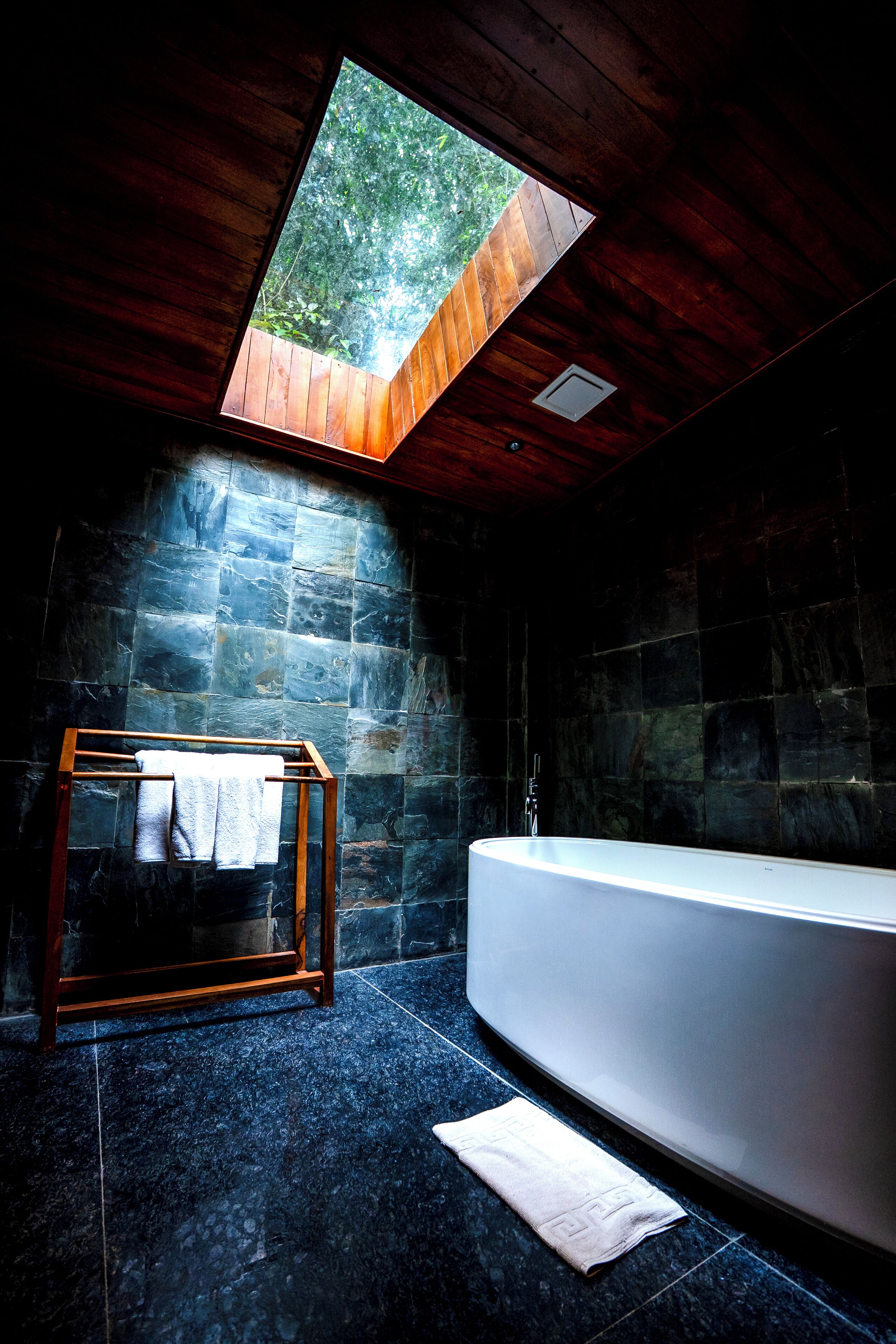 Une salle de bain moderne dotée d’une lucarne, d’une baignoire sur pieds et de murs en pierre.