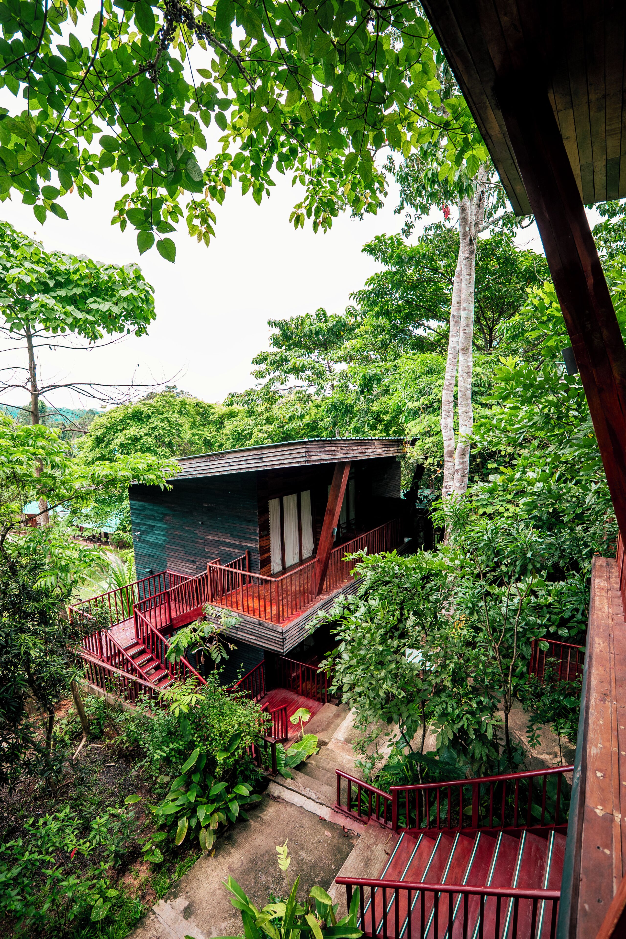 A wooden house with a red staircase leading to a balcony, surrounded by lush greenery.