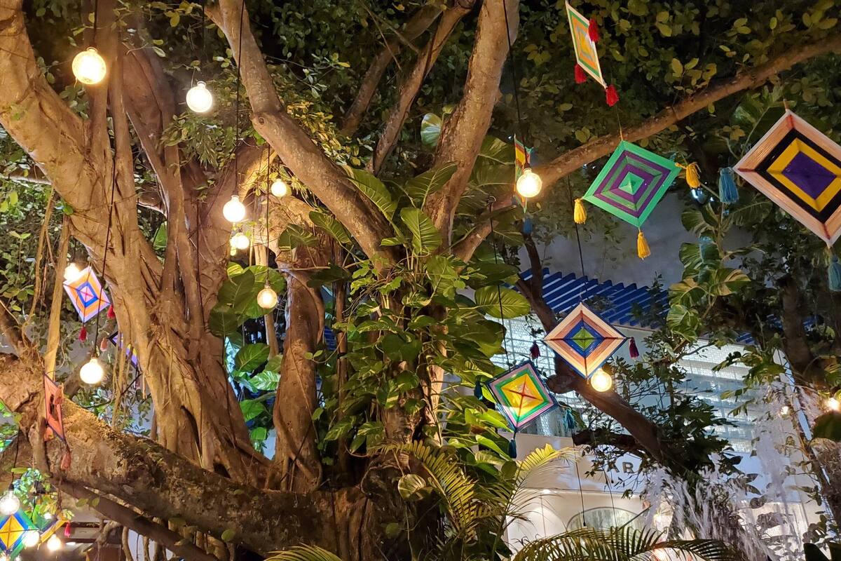 Ein Baum mit hängenden Lichtern und bunten Drachen.