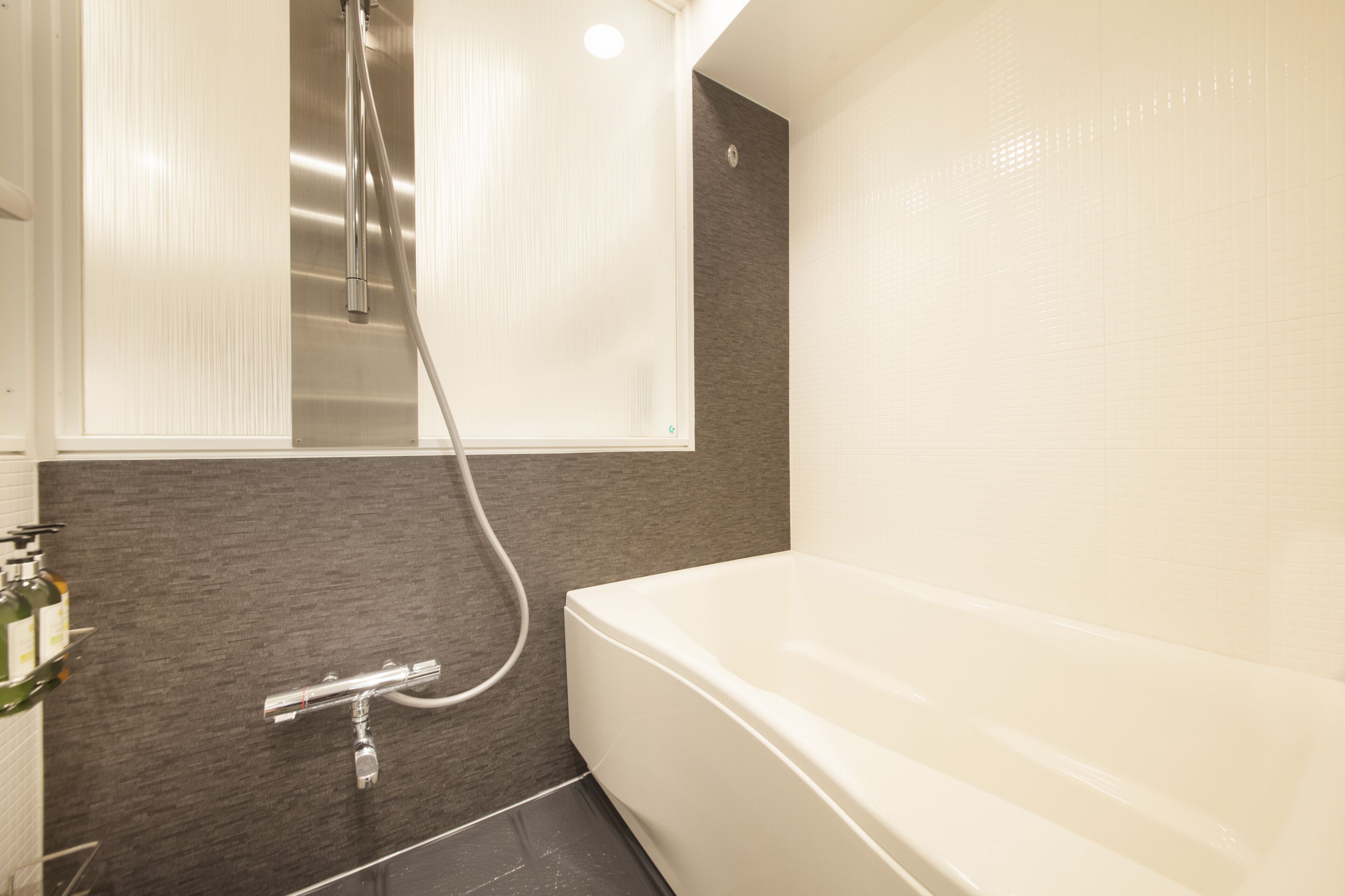 combined shower/bathtub, free toiletries, hair dryer, slippers