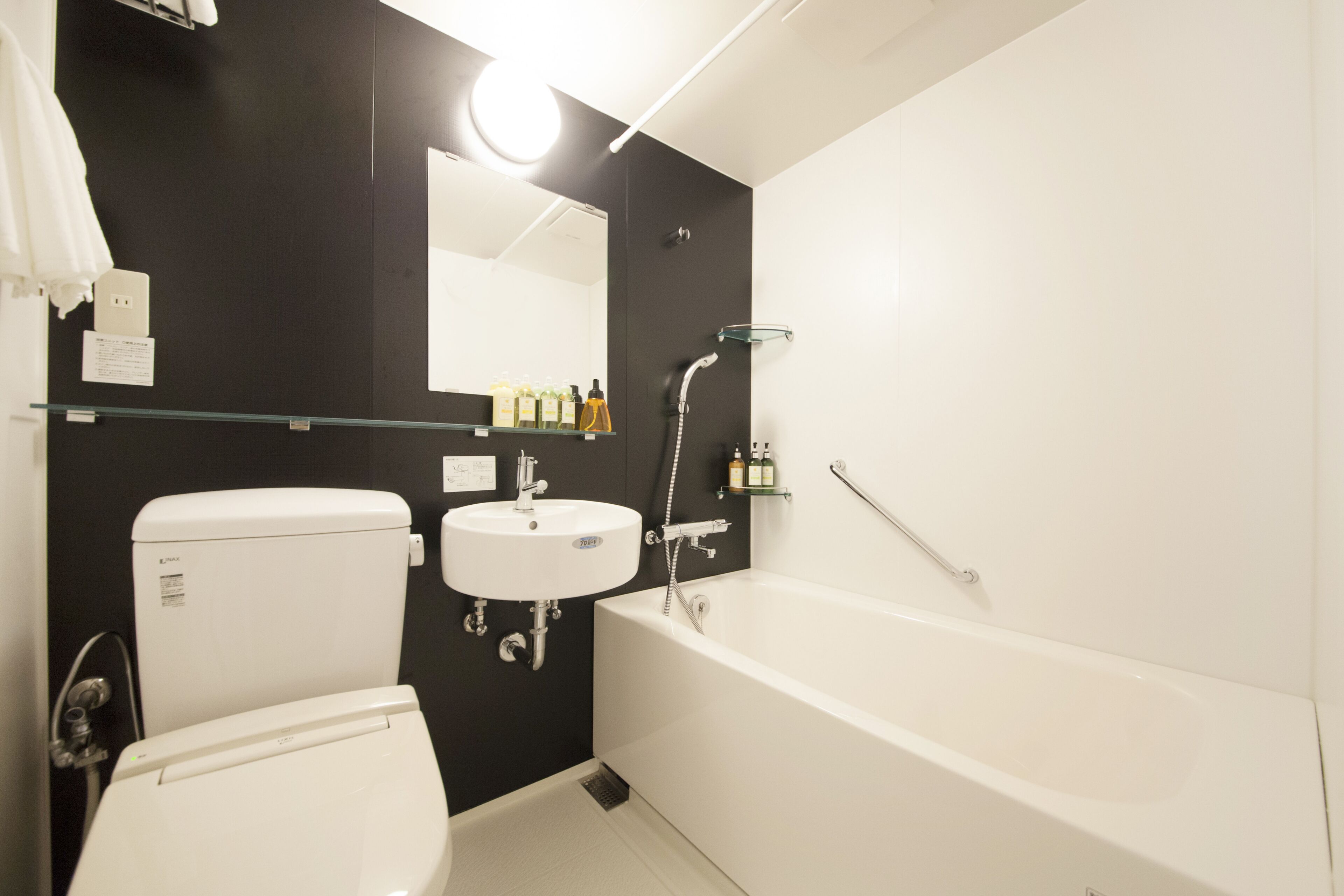 combined shower/bathtub, free toiletries, hair dryer, slippers