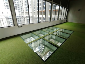 Une pièce dotée d’un plancher en verre, de grandes fenêtres et d’une moquette verte.