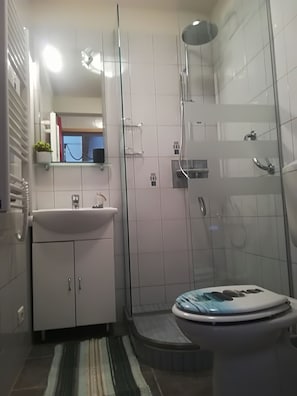 A modern bathroom with a glass shower enclosure, a white sink, and a toilet. - Bovecation House (Bovec)