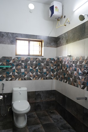 Shower, towels, soap, toilet paper