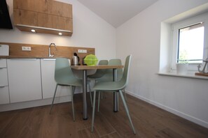 A modern kitchen with a wooden cabinet, a sink, a kettle, and a window. - FW Backbord Peildeck (Wustrow)