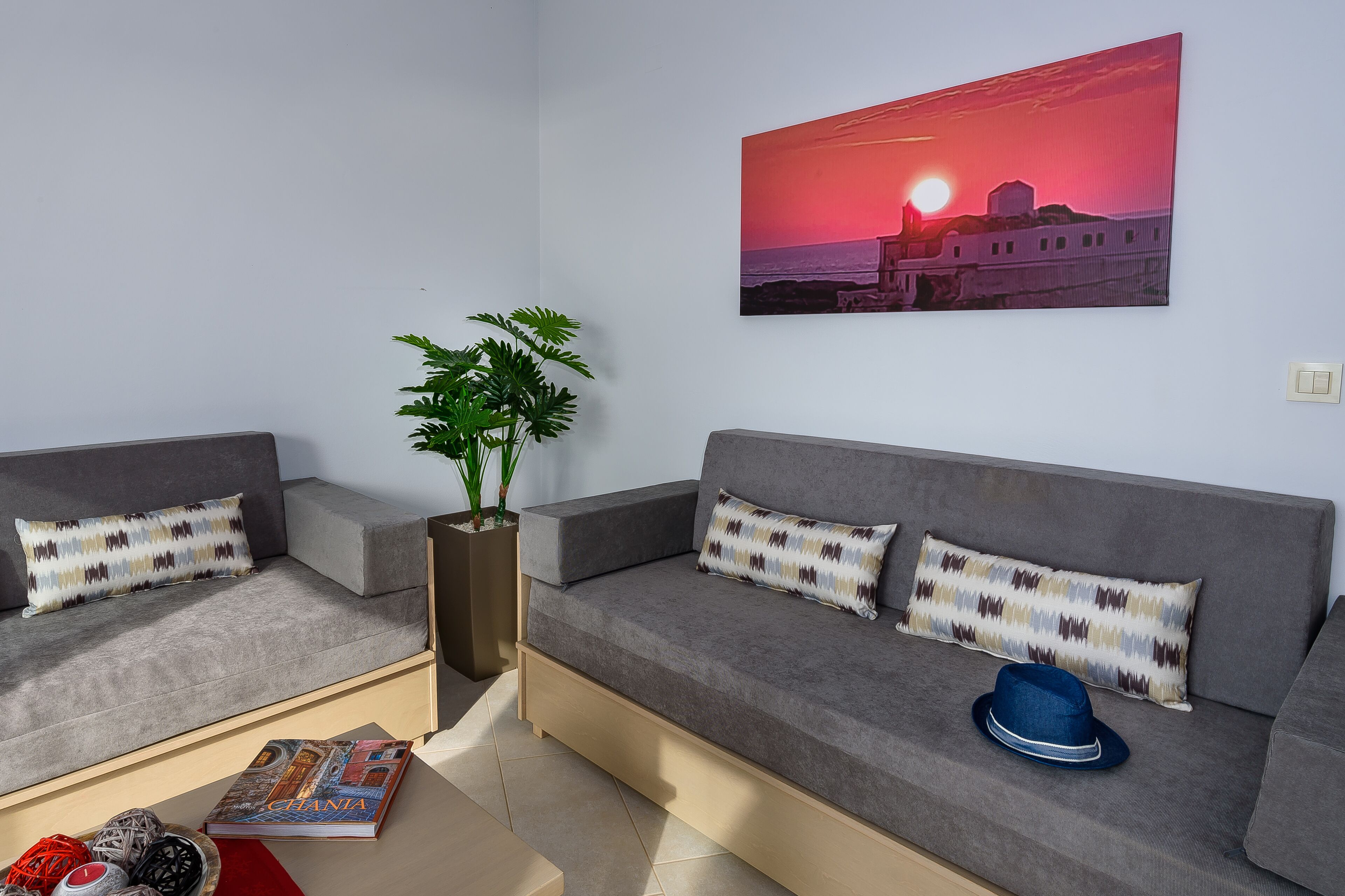 A modern living room with two grey sofas, a coffee table, a book, a blue hat, and a potted plant.