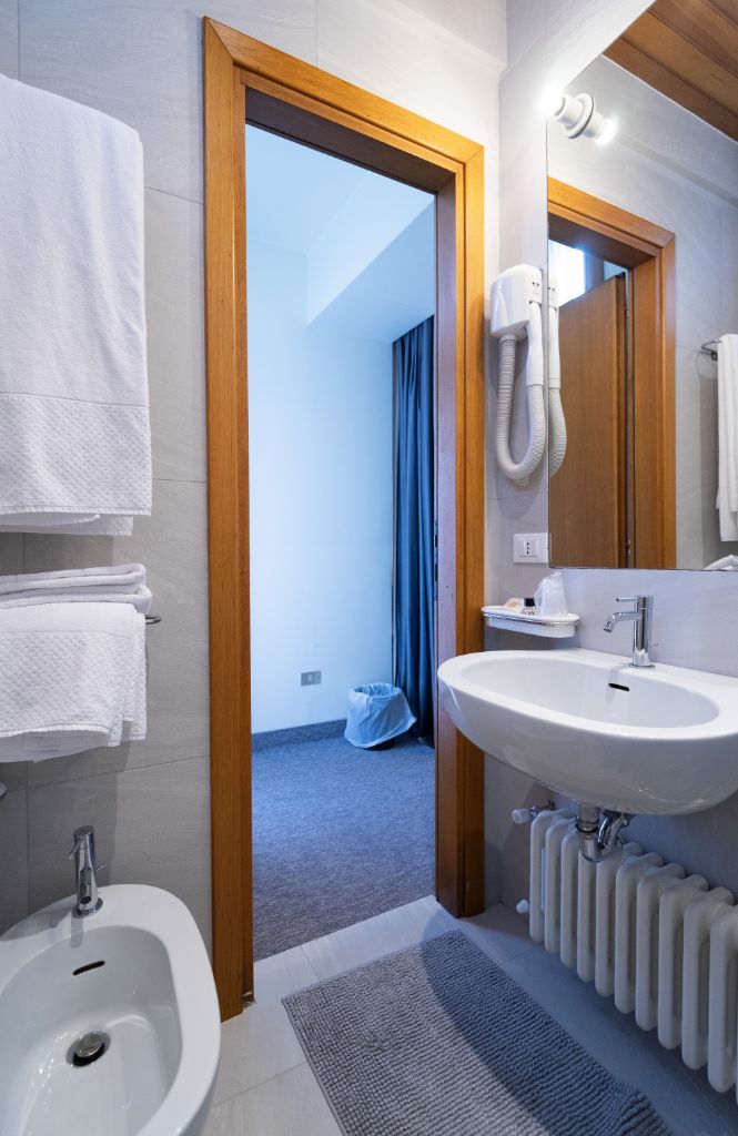 A modern bathroom with a bidet, a large sink, and a mirror.