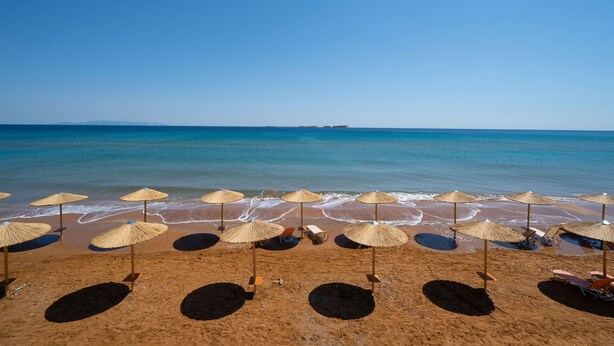 A beach with rows of sun umbrellas and lounge chairs, a clear blue sky, and calm ocean waves. - Chloe Apartments (Kefalonia)