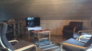 A cozy attic room with wooden walls and a sloped ceiling. There is a TV on a small table, a chair, and a sofa. - Holiday home Törnamåla Kilen (Tingsryd)