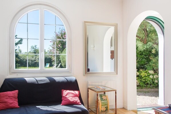 TV, fireplace, DVD player, books