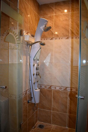 Shower, bidet, towels, soap