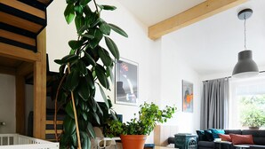 Ein Wohnzimmer mit einem weißen Babybett, einer großen Topfpflanze, Holzboden, einer Couch und einer Pendelleuchte.