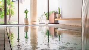A modern indoor pool area with clear reflections on the water surface, surrounded by potted plants and a minimalist design. - Ynaira Hotel & Spa (Ariany)