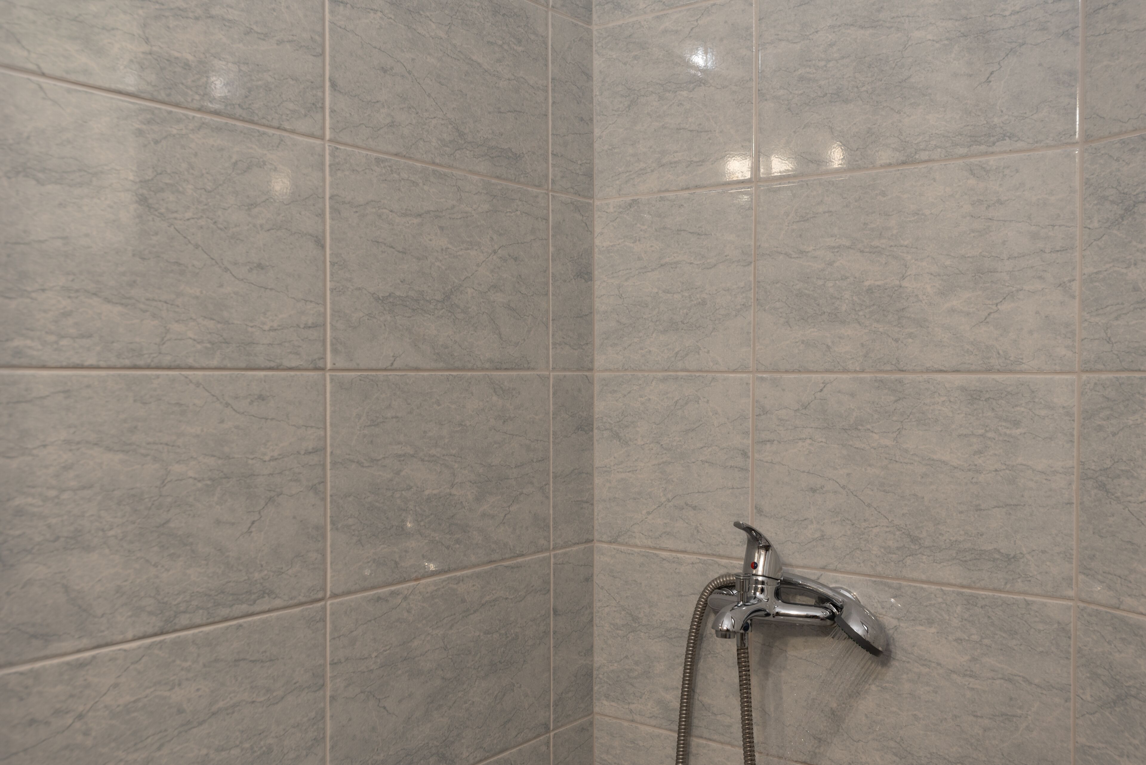 Ein Duschbereich mit Handbrause und Armaturen an der Wand.