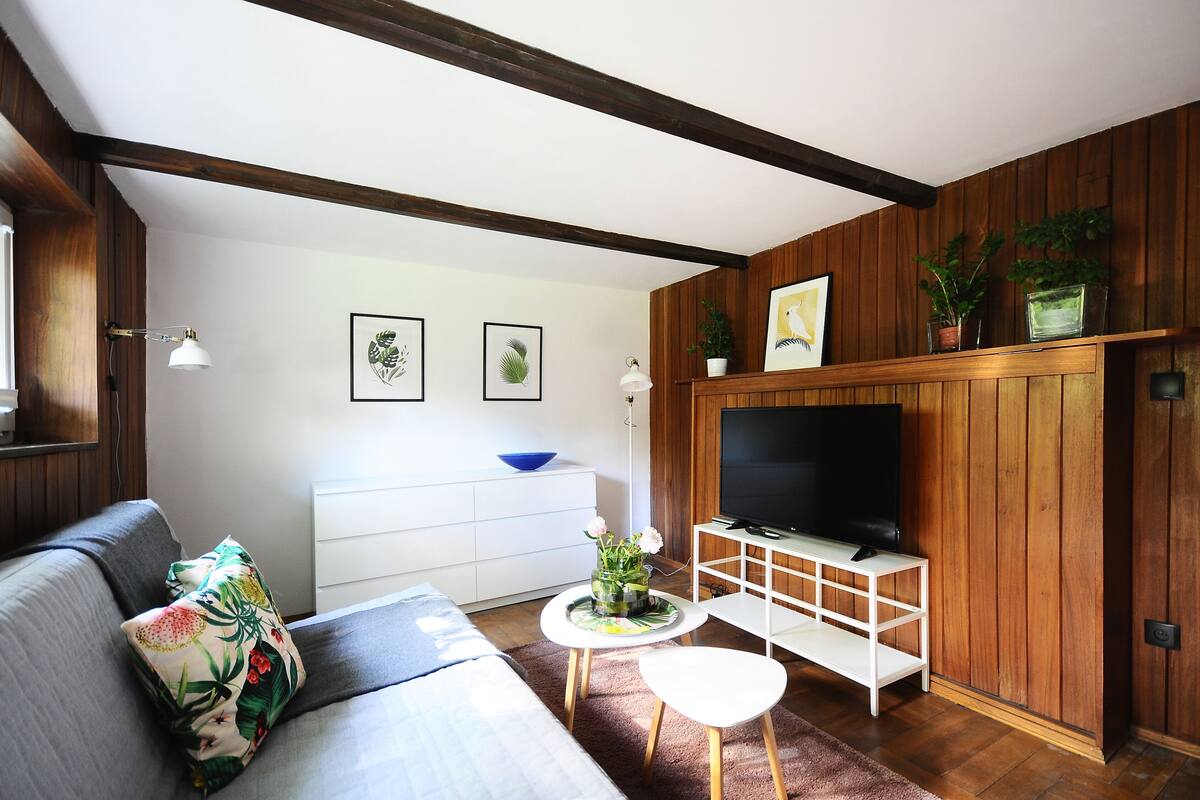 Una sala moderna con un sofá, una mesa de centro, un televisor sobre un mueble de madera y un armario blanco.