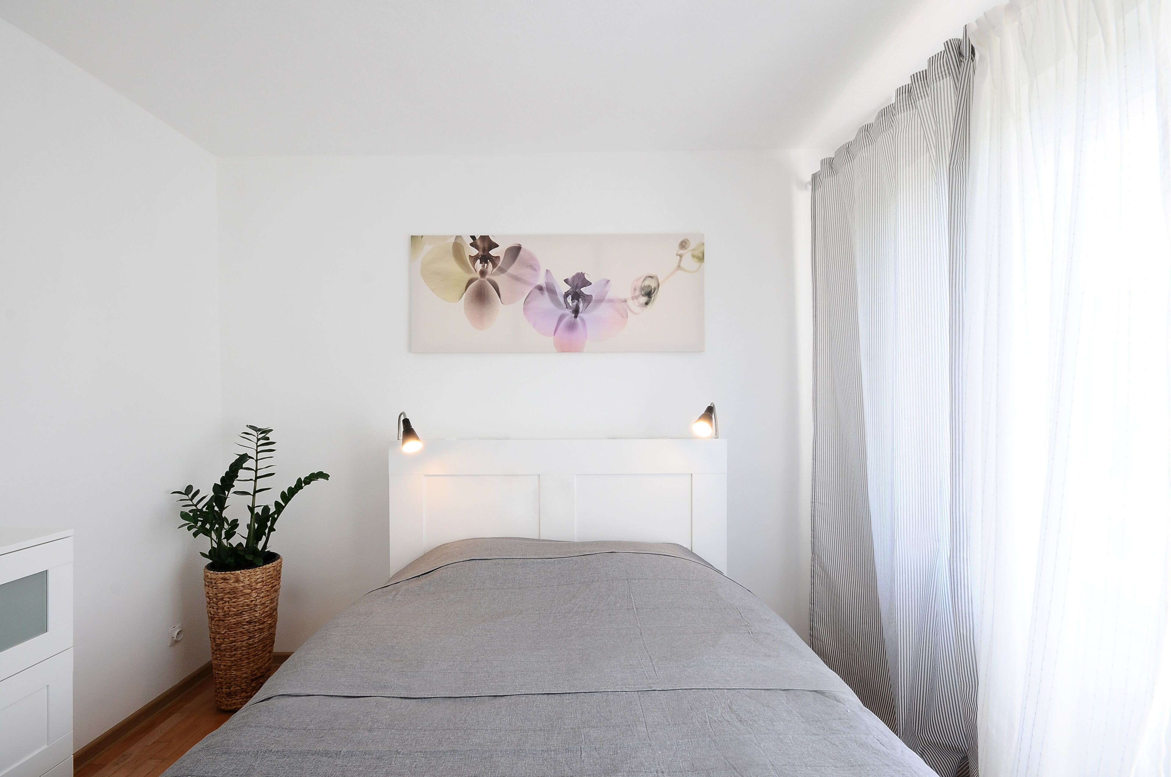 A bedroom with a bed, a wall-mounted artwork, a potted plant, and a window with curtains.