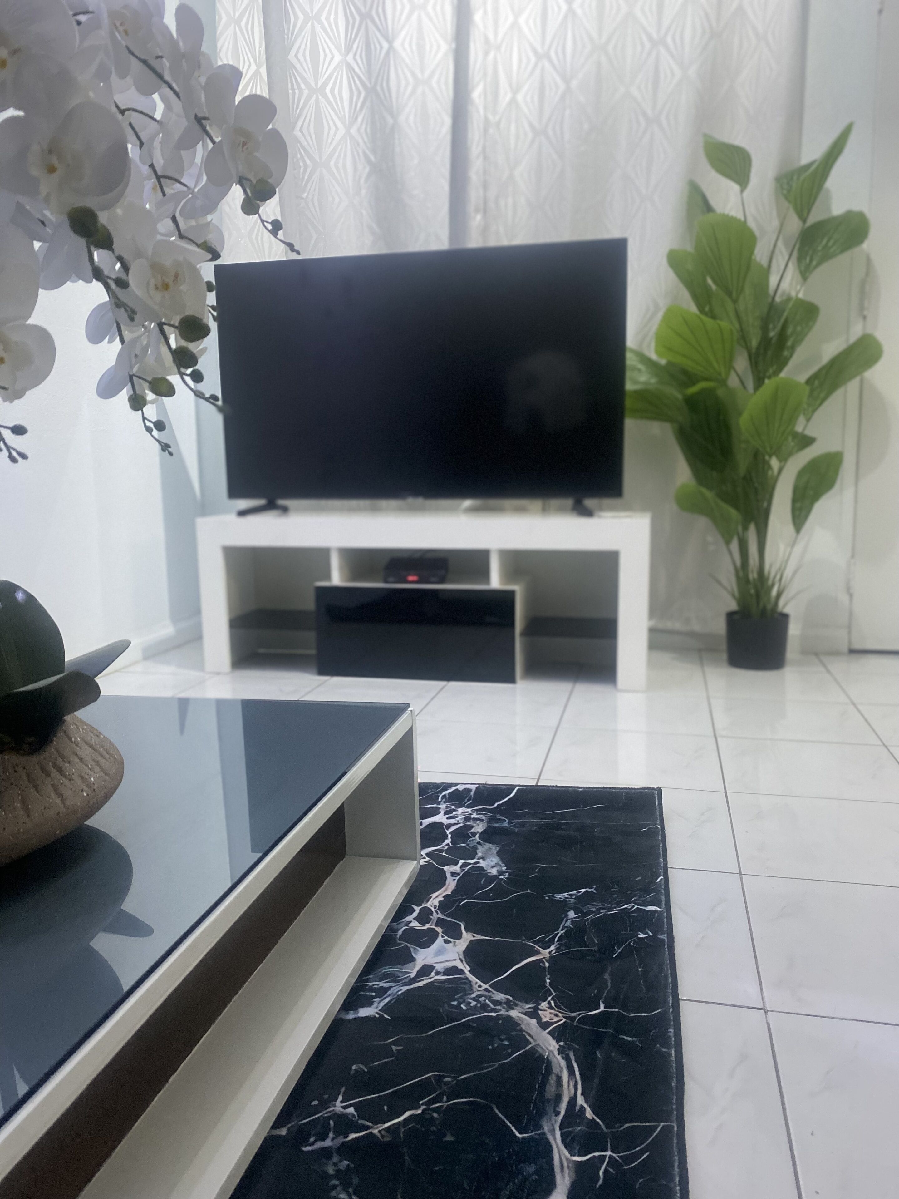A modern living room with a flat-screen TV on a white stand, a marble coffee table, a potted plant, and white orchid flowers.