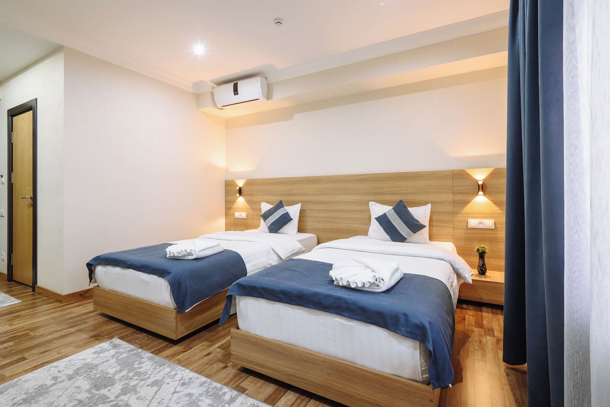 Une chambre d’hôtel avec deux lits, des têtes de lit en bois, des lampes de chevet, une petite plante et un climatiseur fixé au plafond.