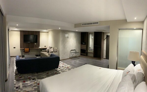 Una habitación de hotel moderna con una cama grande, un sofá, un escritorio con una silla, un televisor y un armario.