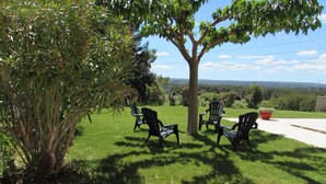 A patio area with three Adirondack chairs, a tree, and a view of a hilly landscape.