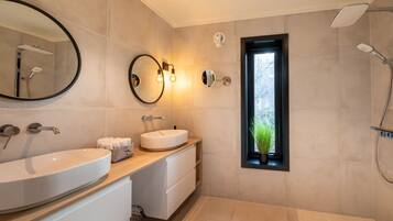 Exclusive Tent, Shared Bathroom | Bathroom | Shower, hydromassage showerhead, hair dryer, heated floors