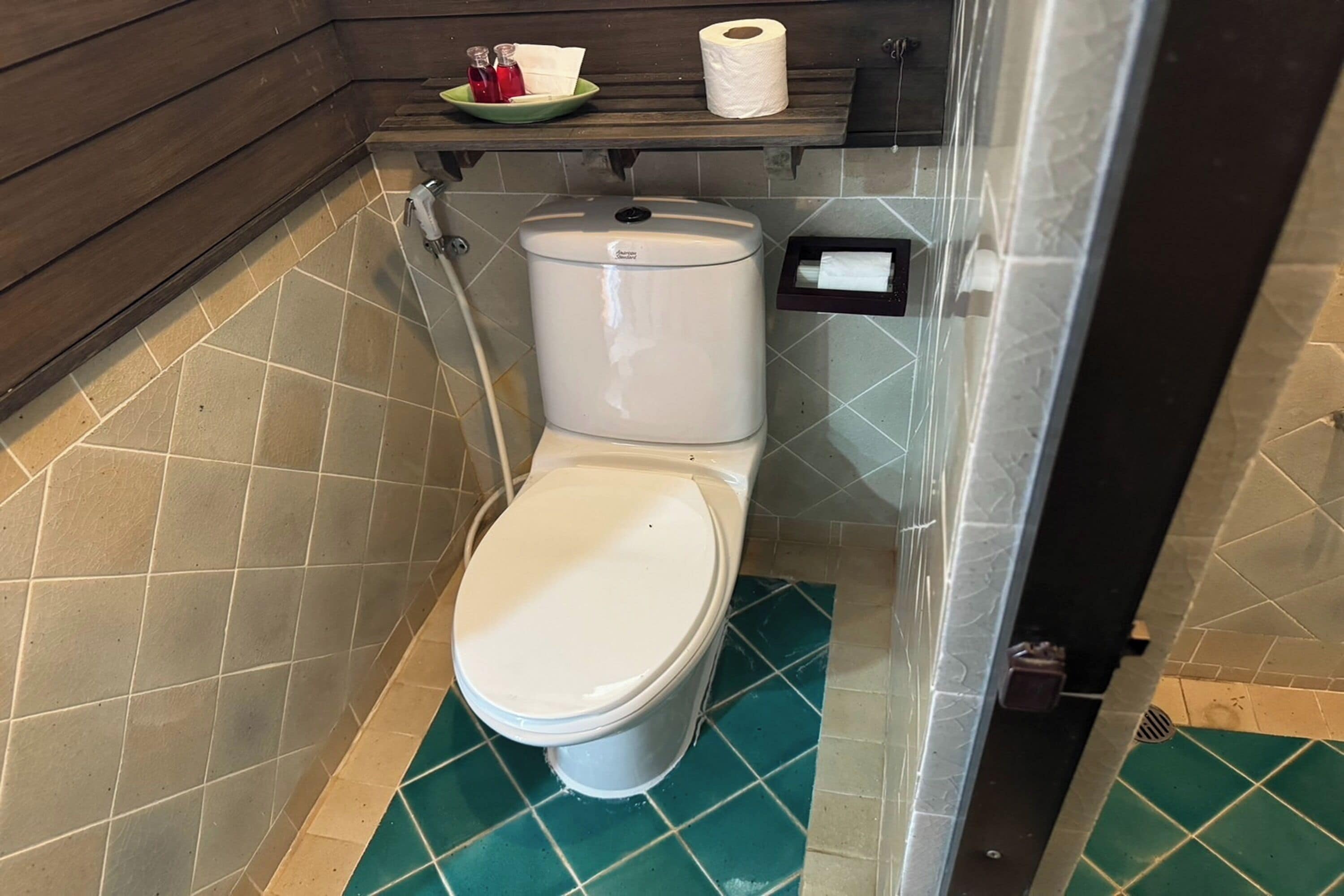 Un baño compacto con inodoro, un estante pequeño con artículos de tocador y un suelo de baldosas verdes.