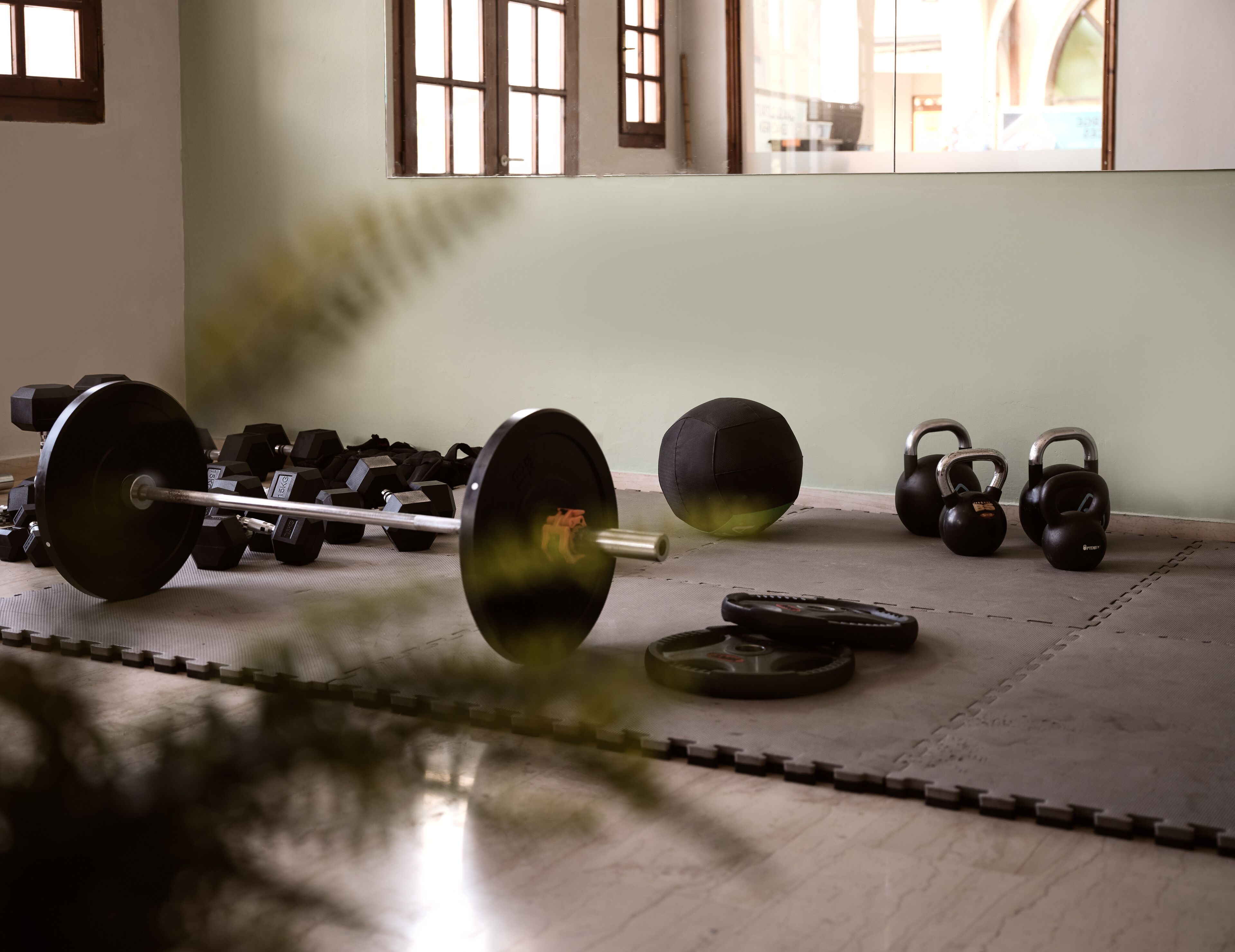 A gym with a barbell, kettlebells, and dumbbells on a mat.