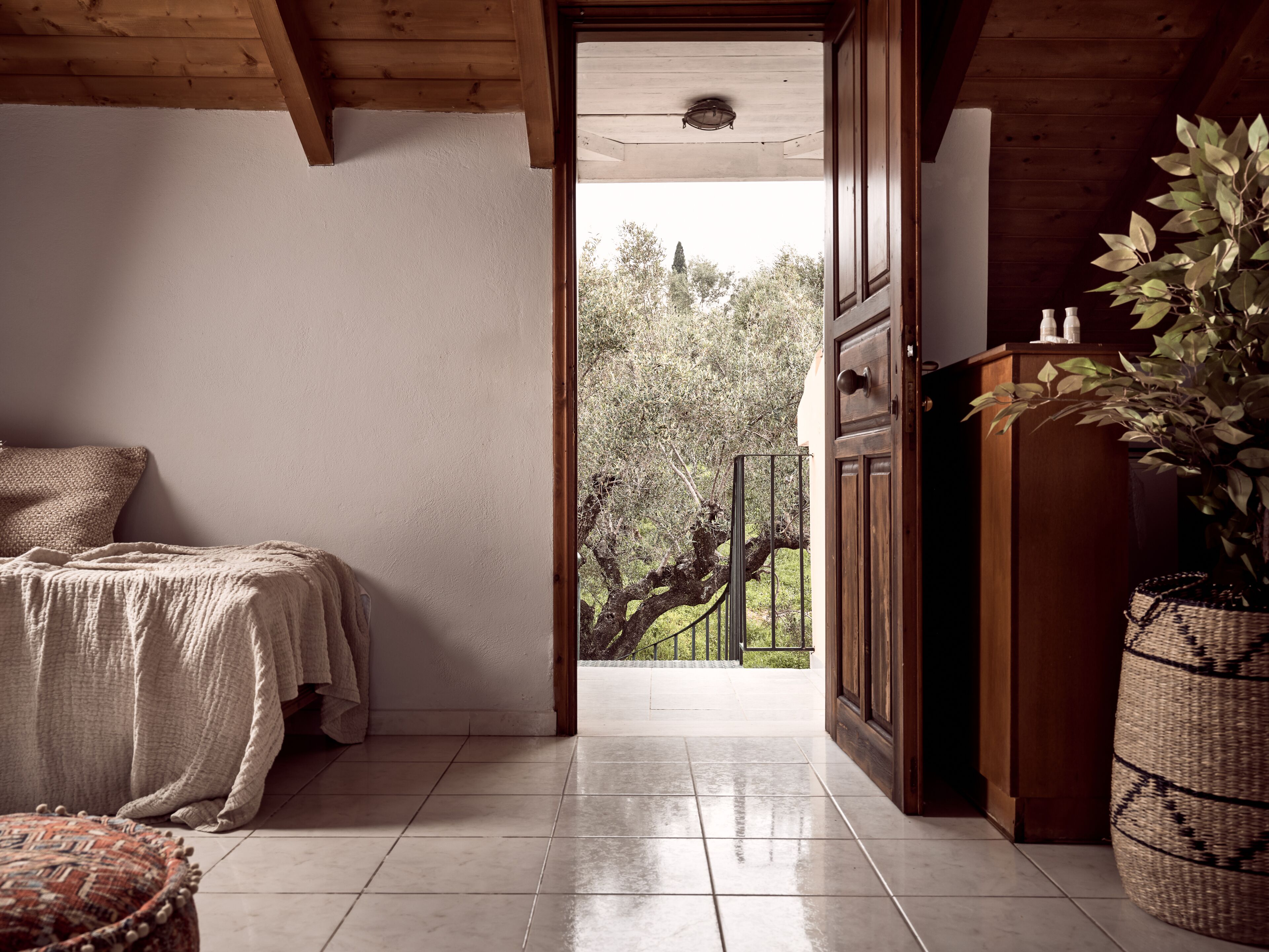 A room with a bed, a wooden door leading outside, a potted plant, and a wicker basket.