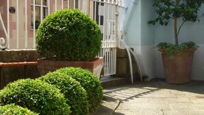 A narrow stone pathway flanked by neatly trimmed hedges and a white metal fence. - Fabulous Apt Historic House St Aubin (St. Brelade)