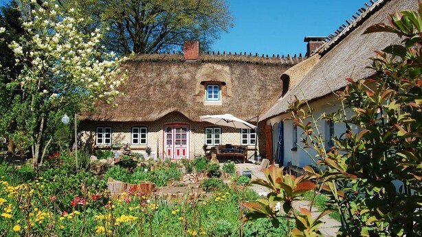 Une maison traditionnelle à toit de chaume, dotée d’une petite fenêtre et d’une porte aux bordures rouges.