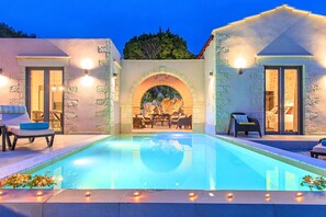Outdoor pool, pool umbrellas, pool loungers