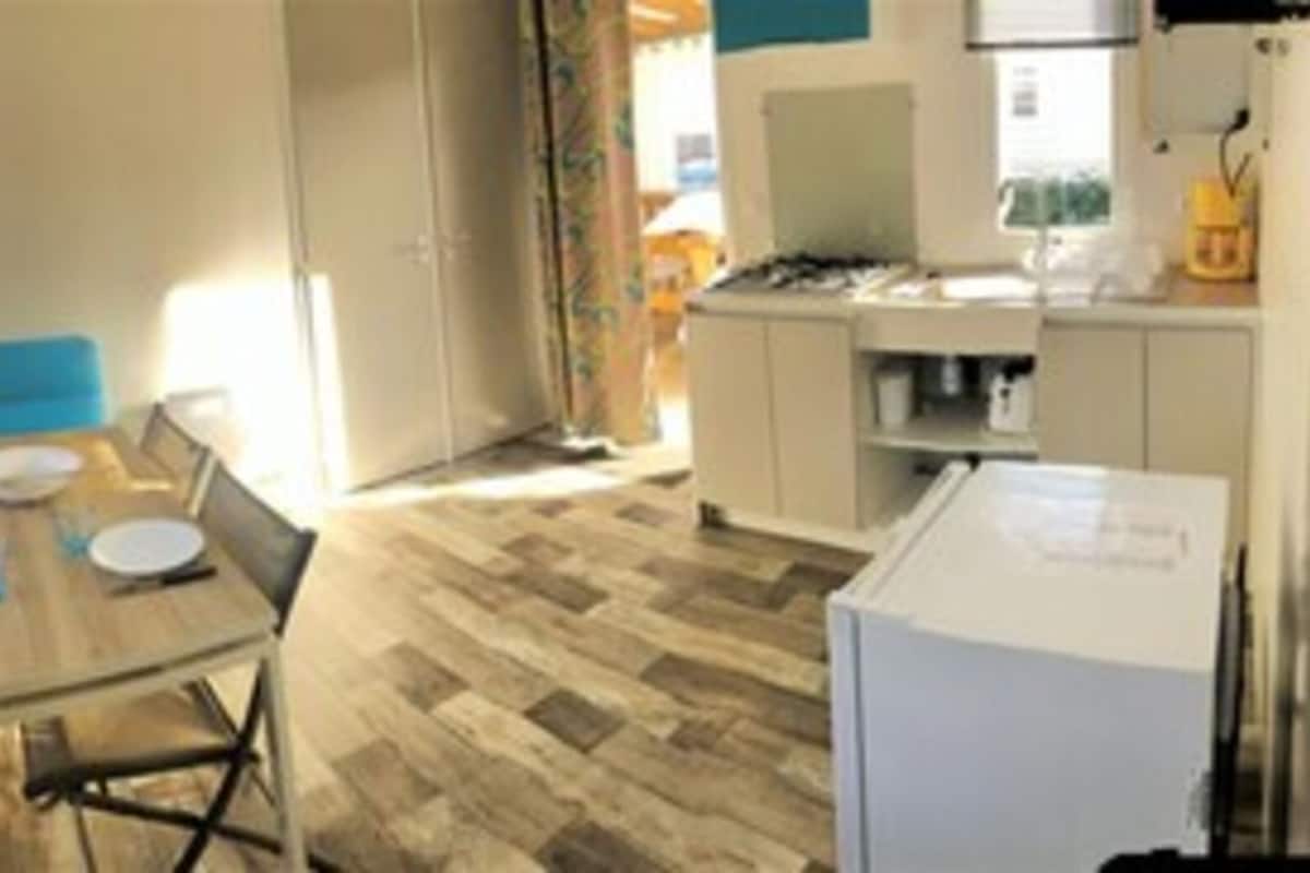 A compact living space with a dining area, kitchenette, and a sofa.