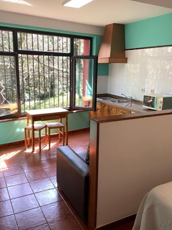 A compact kitchen with a dining area, large windows, and a view of the outdoors. - Casa Pancho (Llanes)
