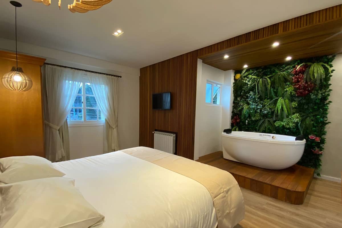 Een slaapkamer met een groot bed, een tv aan de muur, een ligbad en een groene wand met planten.