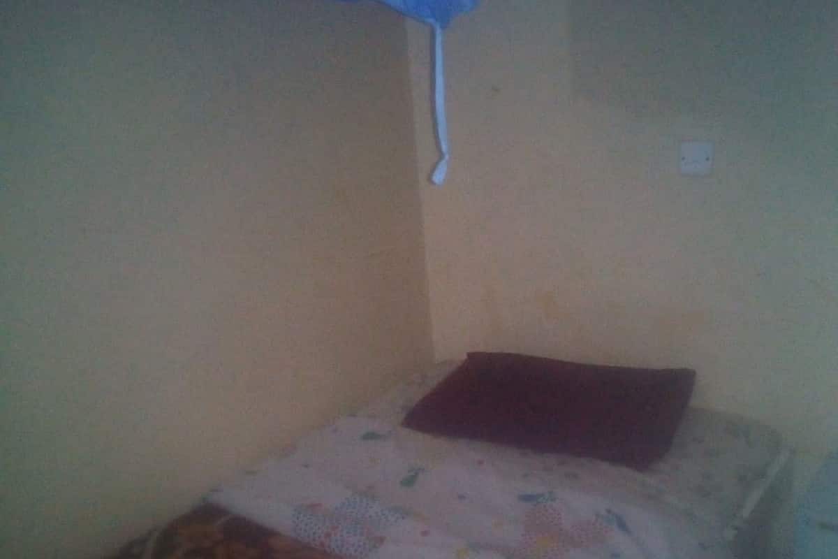 A small, dimly lit room with a single bed, a patterned bedspread, and a blue canopy.