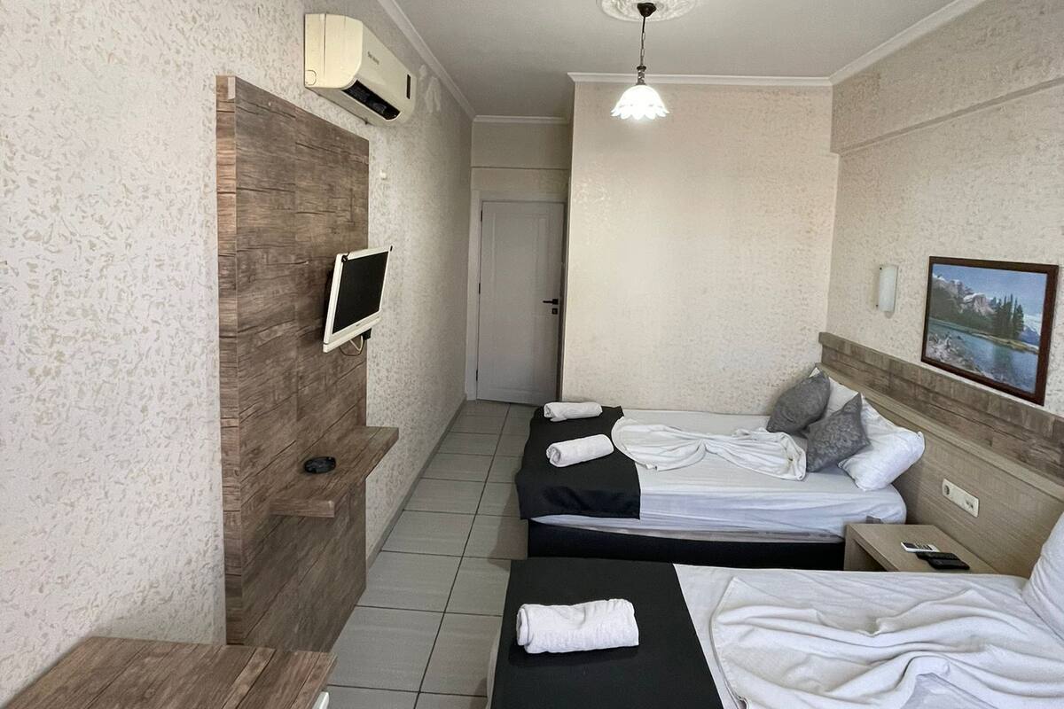 A hotel room with two beds, a wooden headboard, a TV, a ceiling light, and a painting on the wall.